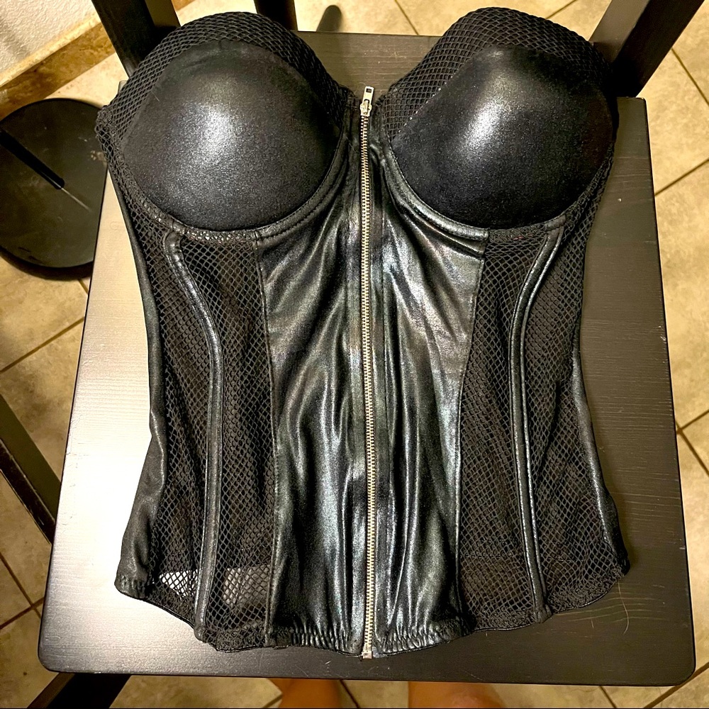 Strapless Black Body Rage Zipper Corset with Black Thong and Garter Straps